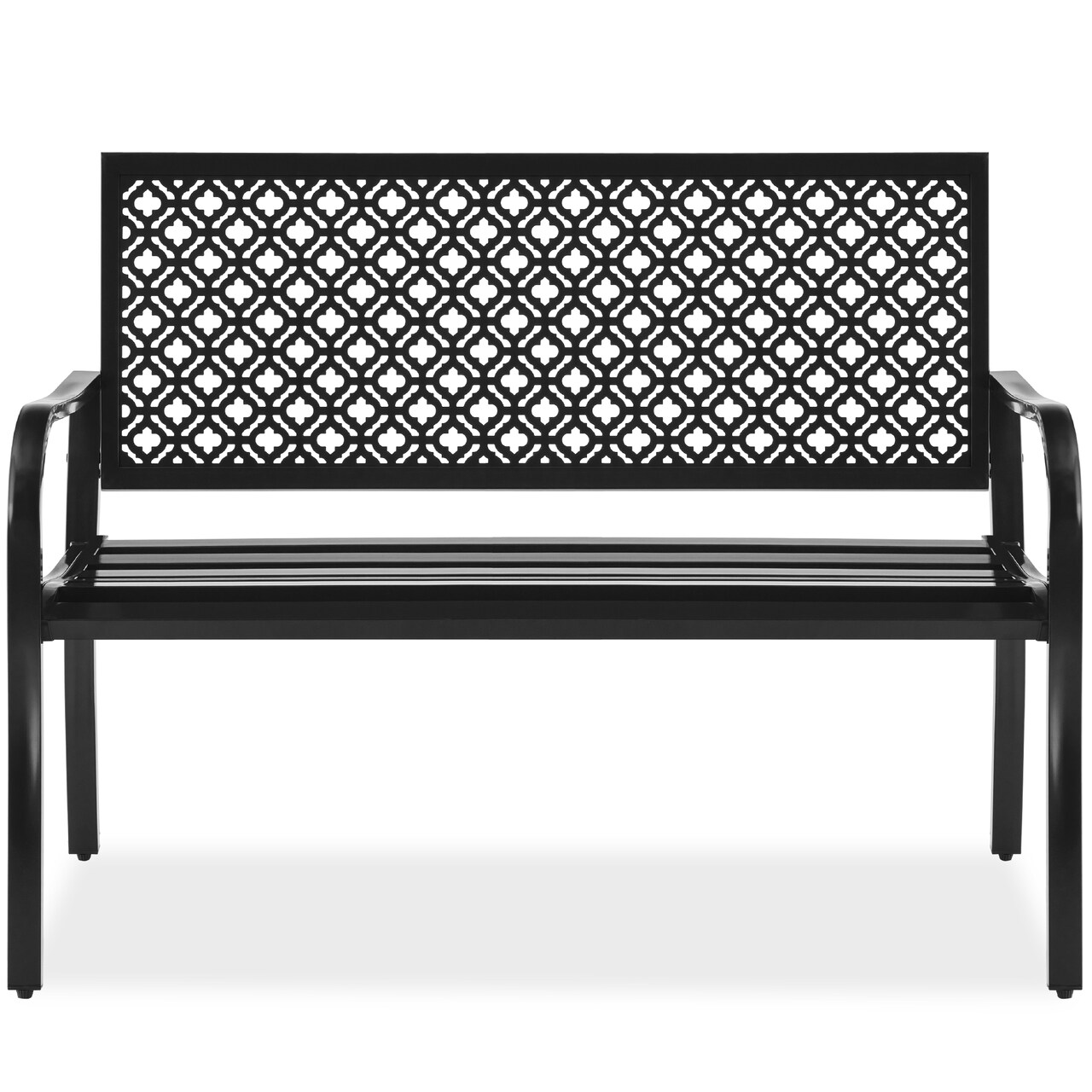 Best Choice Products Indoor Outdoor Steel Garden Bench w/ Geometric Backrest, Foot Levelers